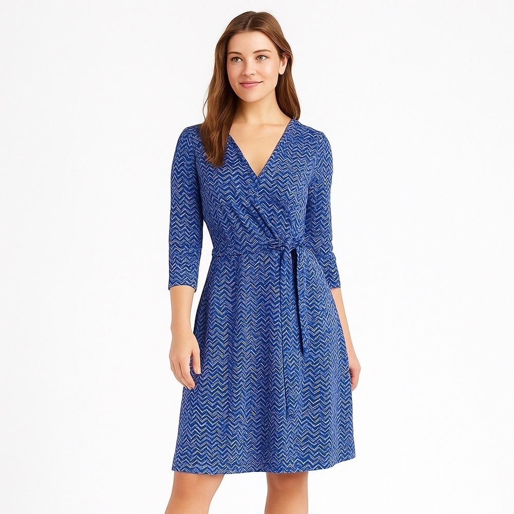 Lands End Womens XS 2-4 Blue Purple Chevron Faux Wrap Dress 3/4 Sleeve Knit